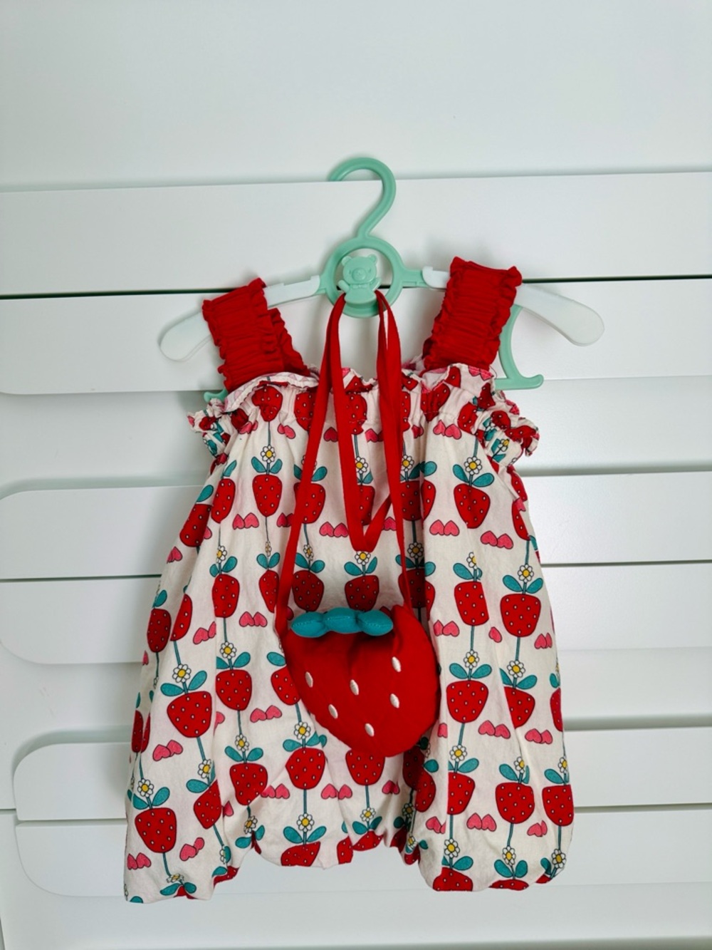 Girls' White Dress with Red Strawberry Print and Matching Strawberry Purse